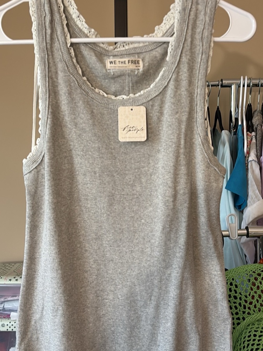 We The Free- Lace-Trim- Ribbed Tank Top- Size L- In Grey and Brown- NWT!!! - Picture 2 of 3